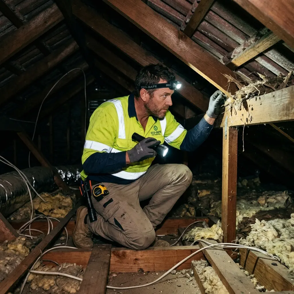 Technician inspecting a roof cavity for a dead animal in Hampton North