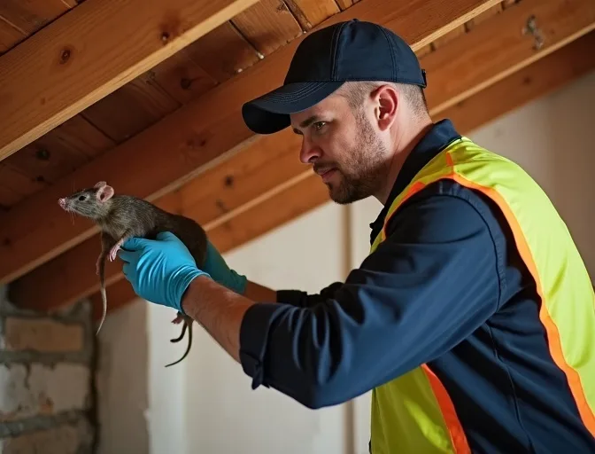 Technician inspecting a roof cavity for a dead rat in Hampton North